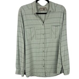 Chico's Casual Gray Striped Roll Up Sleeve Button-Up Blouse Size 3